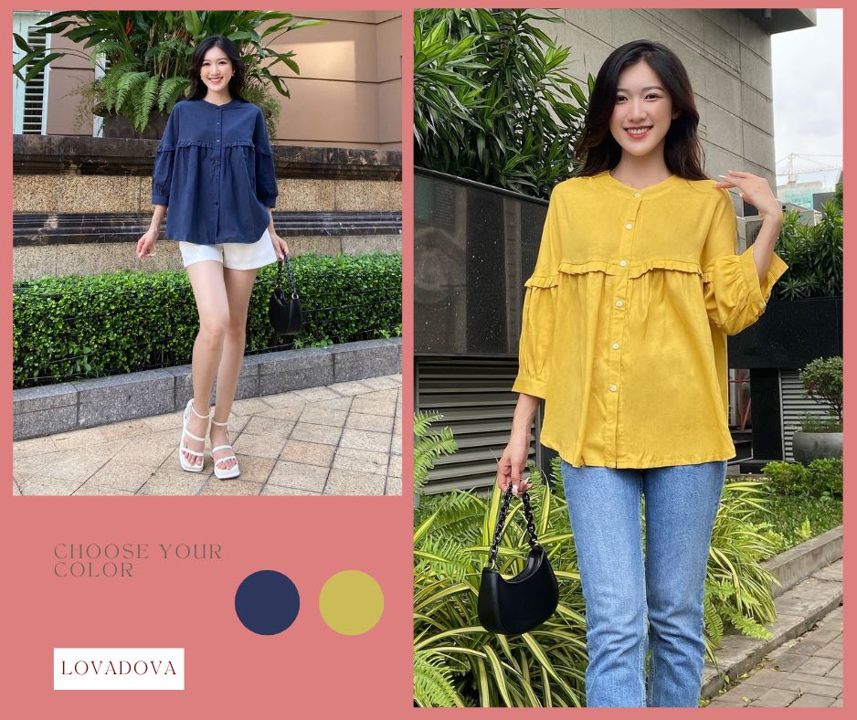 Áo sơ mi vàng, áo sơ mi xanh vải Linen xước tay lửng tùng bèo