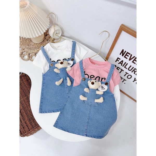 Set yếm Jean cho bé gái. Yếm rời. Set yếm kèm áo thun. Yếm tặng kèm gấu. Yếm cho bé gái từ 7kg đến 25kg