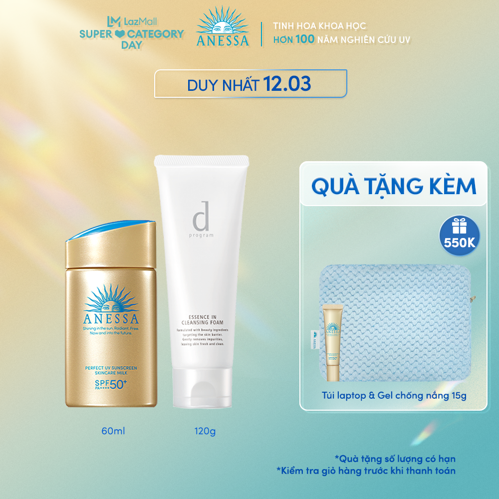 Bộ đôi Kem chống nắng dưỡng da dạng sữa bảo vệ hoàn hảo Anessa SPF 50+ PA++++ 60ml + Sữa rửa mặt dành cho da nhạy cảm d program 120g
