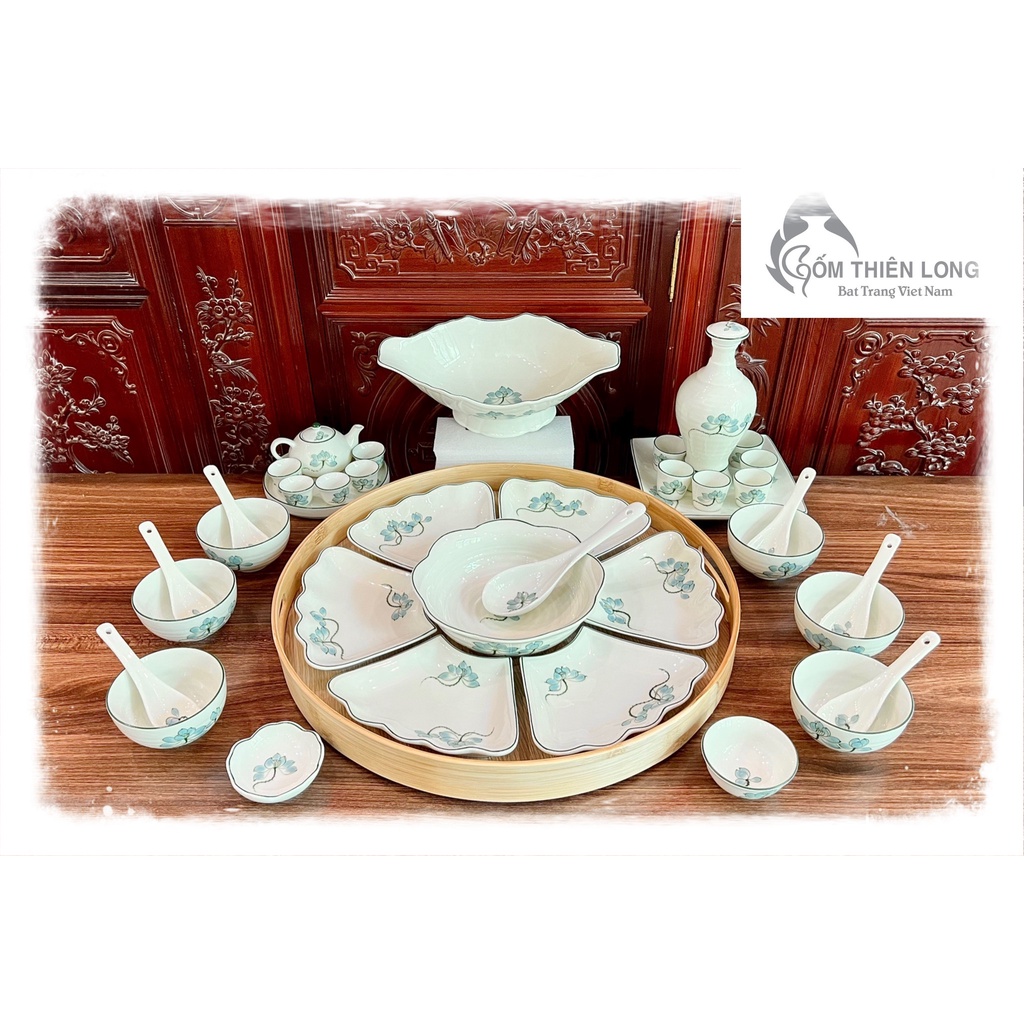 Bộ bát đĩa thắp hương hoa mặt trời 50cm | vẽ sen xanh - men kem | đồ thờ cúng chuẩn gốm bát tràng
