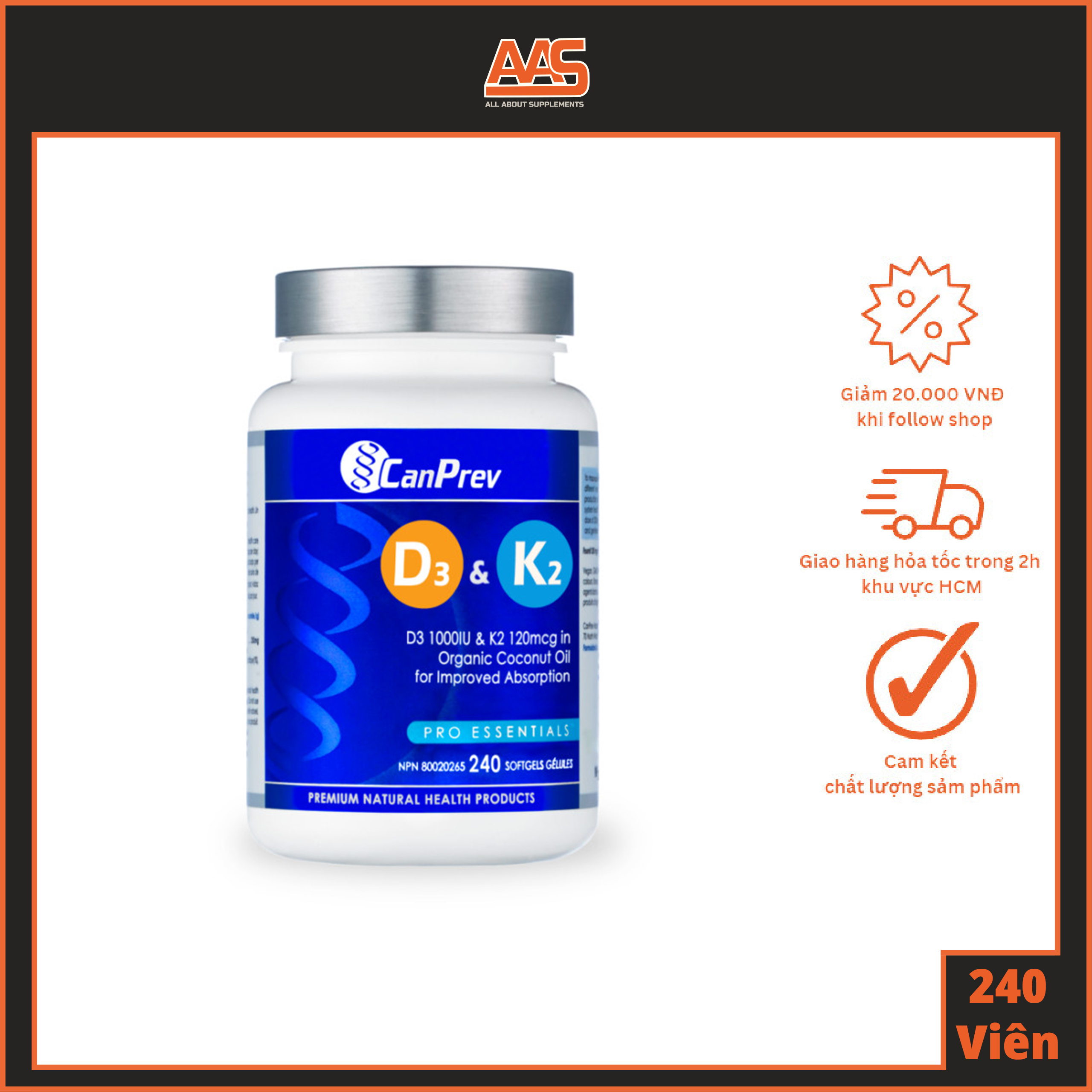 VITAMIN - CANPREV - D3 & K2 - 240 viên uống bổ sung vitamin D3 K2 hỗ trợ