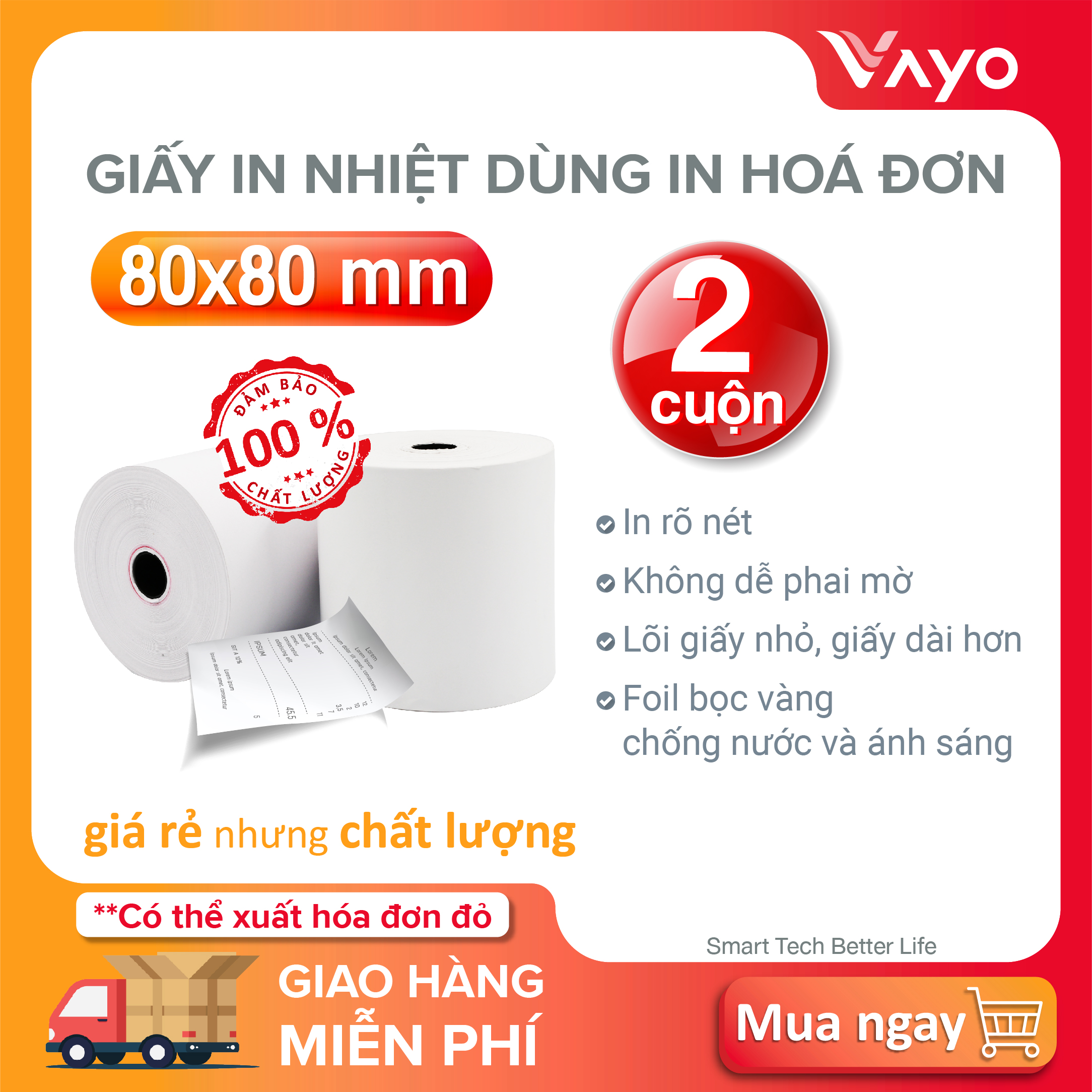 Giấy in nhiệt, giấy in bill K80 dùng in hóa đơn VAYO, số #1 tại Thái Lan, 65gsm, kích thước 80x80mm, 2 cuộn