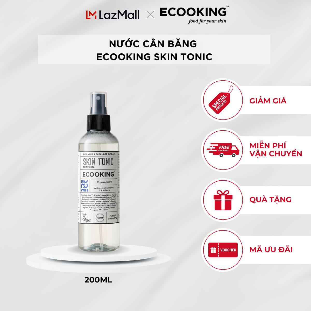 Nước cân bằng Ecooking Skin Tonic 200ml giúp làm mới và săn chắc da mặt, se khít lỗ chân lông