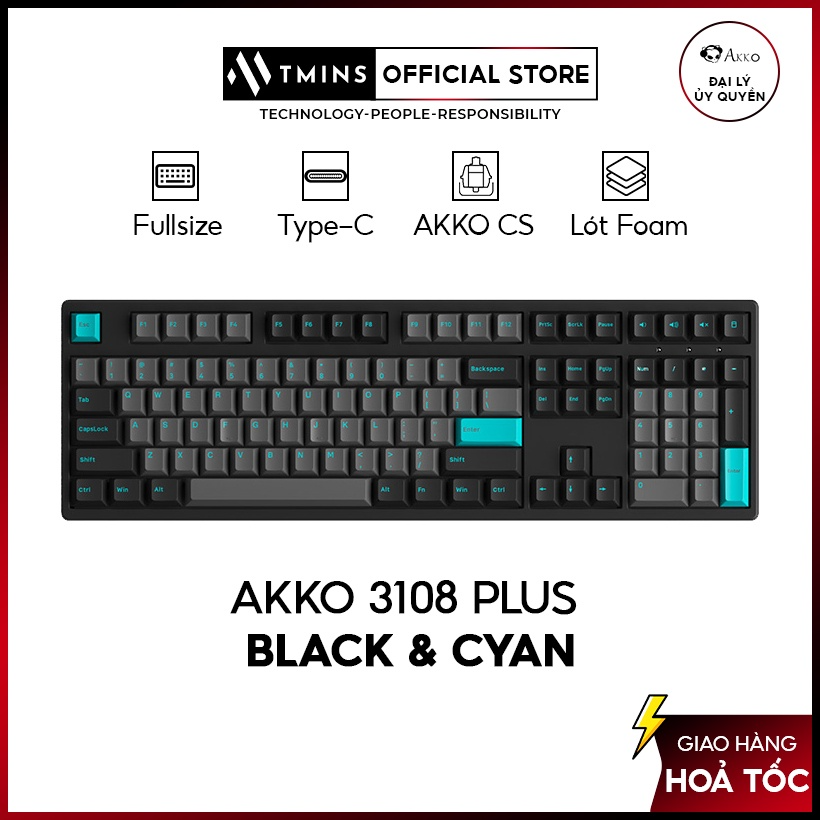 Bàn phím cơ AKKO 3108 Plus Black & Cyan (Foam tiêu âm / AKKO CS switch) - Hàng chính hãng - Bảo hành 12 tháng