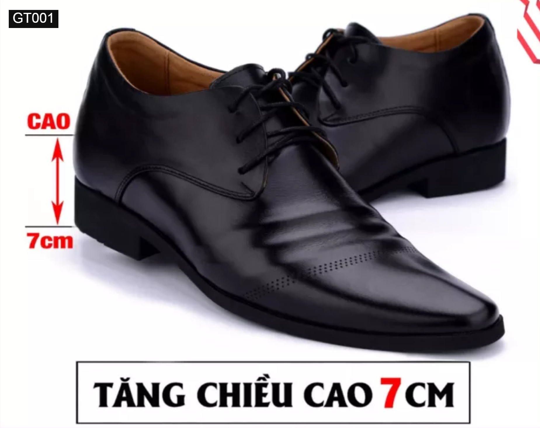 Giày tây nam da mềm, tăng bí mật 6-7cm, đế cao su may sẵn, phối cột dây gt001