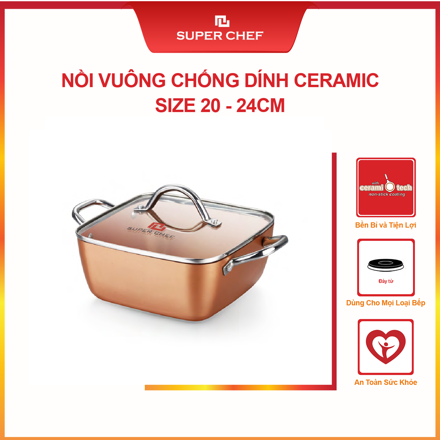 Nồi Chống Dính Vuông Super Chef Đáy Từ Kèm Nắp Siêu Bền Bỉ, Nấu Mọi Loại Bếp (từ, gas,điện,....) Không Bong Tróc
