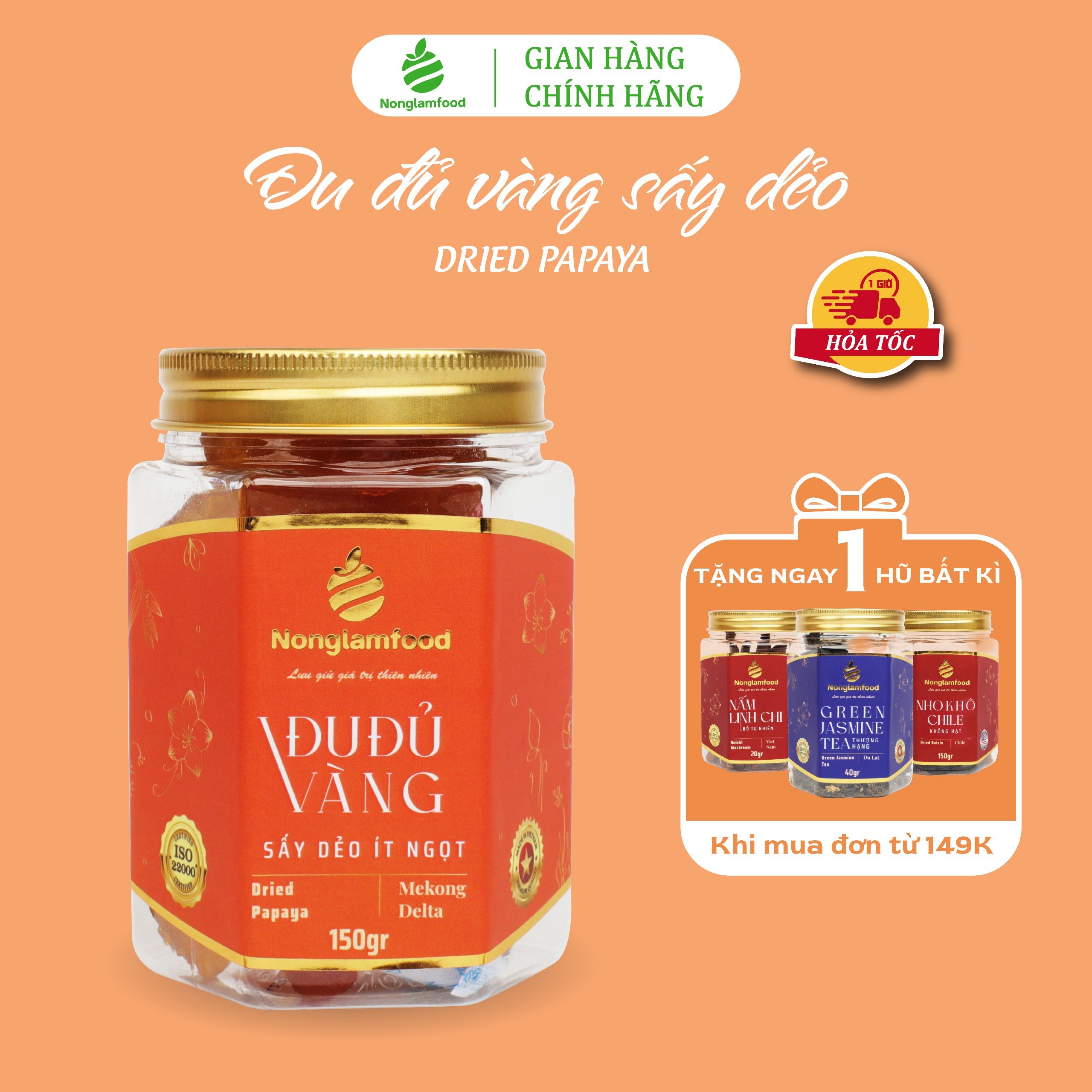 Đu đủ sấy dẻo thượng hạng Nonglamfood hũ 150g | Quà tặng cao cấp cho người thân, bạn bè, doanh nghiệp