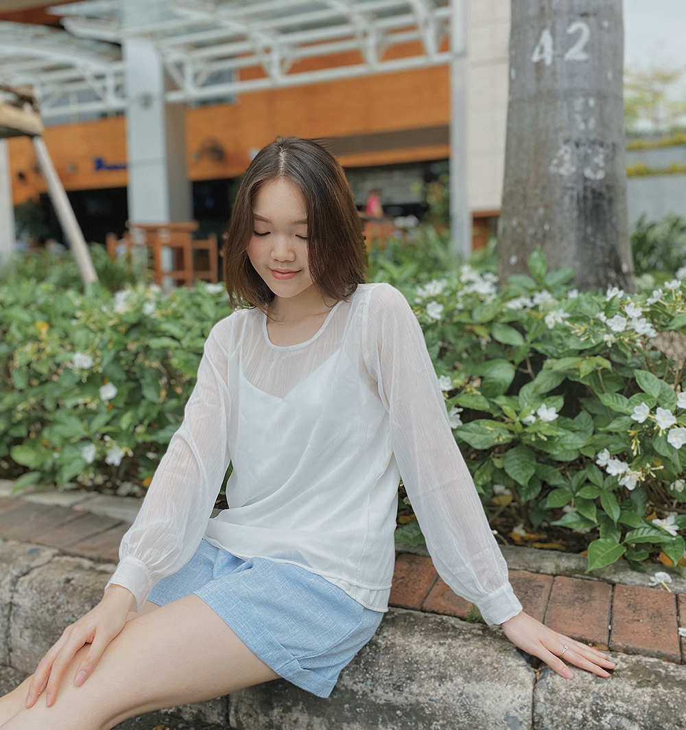 Set áo kiểu nữ voan trắng tay phồng và áo hai dây lụa LUCETFASHION đẹp Sheer Top
