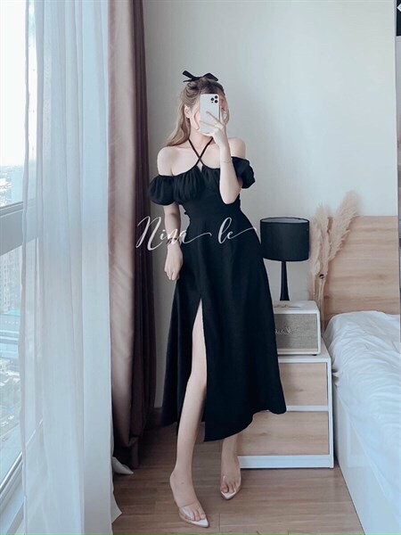 Đầm maxi lụa rớt vai dây cổ yếm lưng bo chun có mút xe tà bên hông siêu xinh, đầm bbi điển dáng dài xẻ tà tay búp cổ cột dây trẻ trung sexy, đầm dự tiệc cổ yếm phong cách tiểu thư mtb