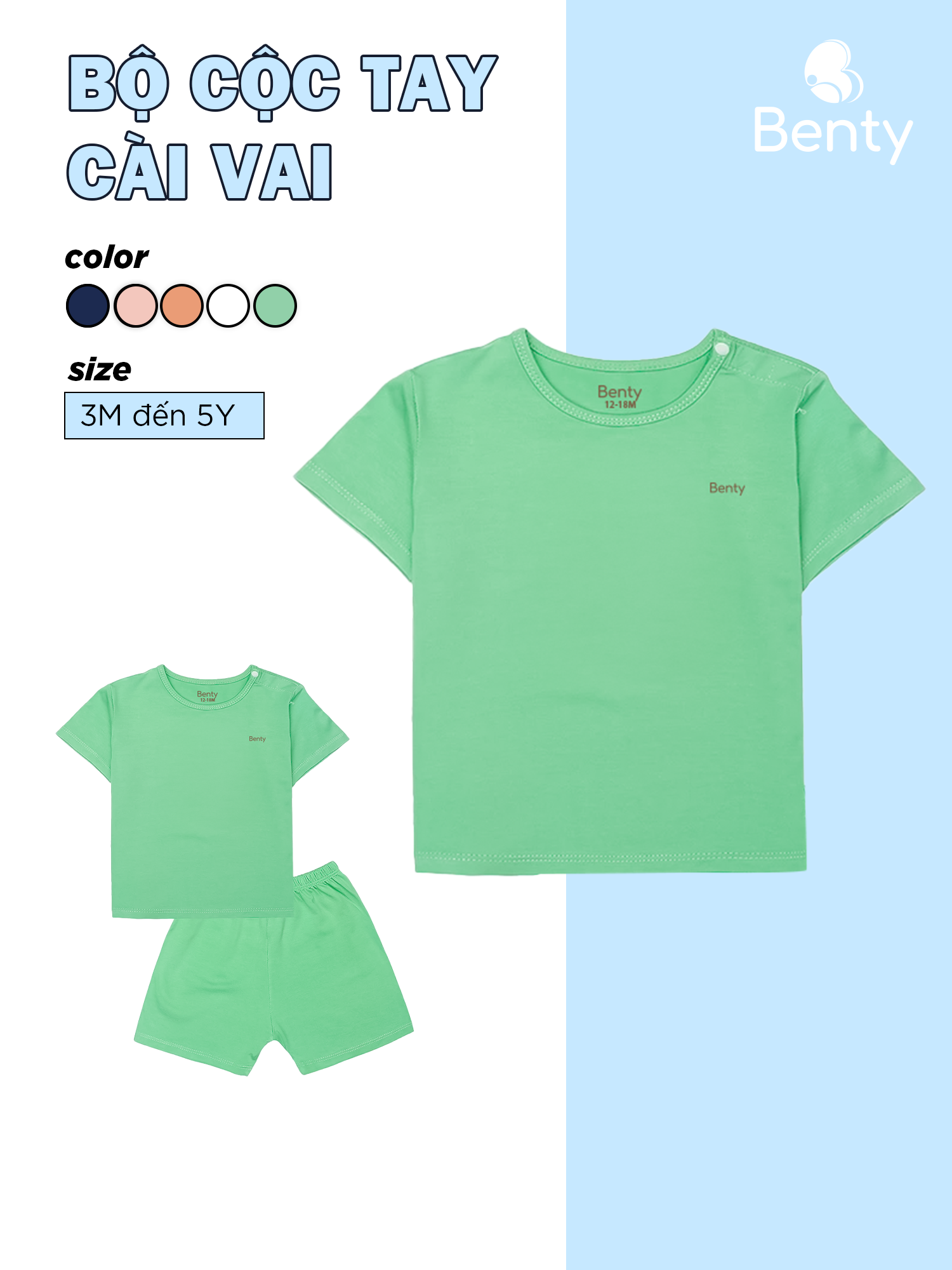 Bộ cộc tay cài vai trơn basic BENTY chất mềm mịn mát đồ bộ dễ thương bé trai bé gái