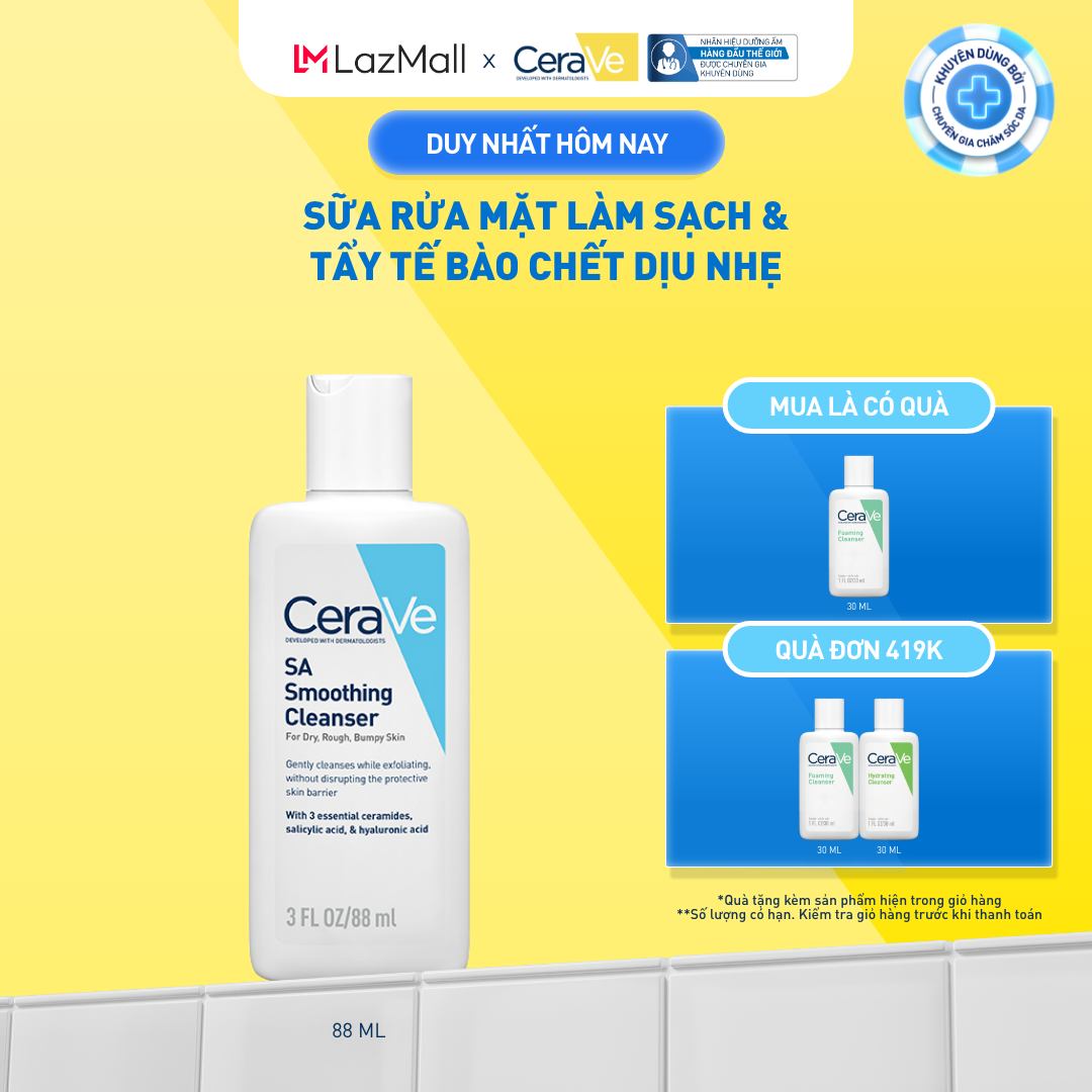 Sữa rửa mặt làm sạch da, loại bỏ dầu thừa và tẩy tế bào chết dịu nhẹ không gây khô da CeraVe SA Smoothing Cleanser 88ML
