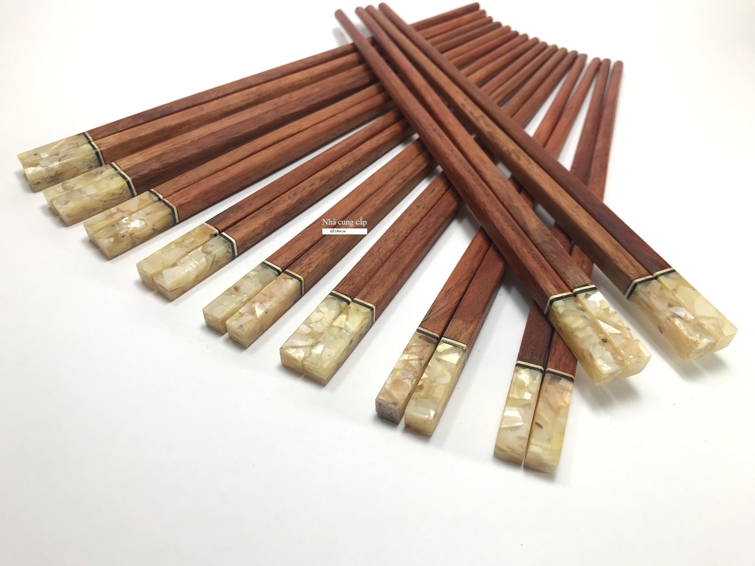 Bộ 10 đôi đũa gỗ CẨM LAI tự nhiên cao cấp đầu vuông khảm Ngọc Trắng