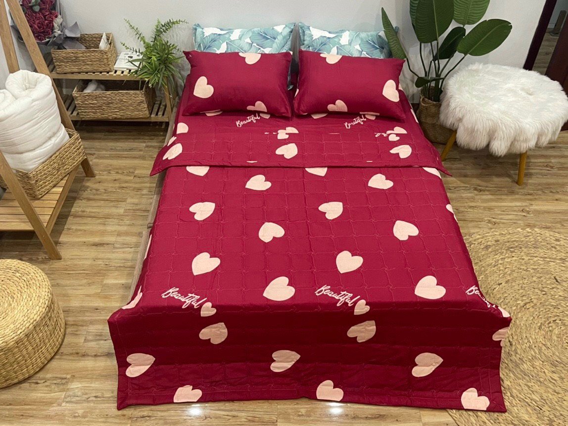 (Siêu Sale Giá Tốt) ️🎊 Trọn Bộ 5 Món Chăn Ga Gối Cotton Poly Hè Thu, Set Mền Hè Trần Bông Ga Gối mẫu Tim Đỏ New - Nhiều mẫu lựa