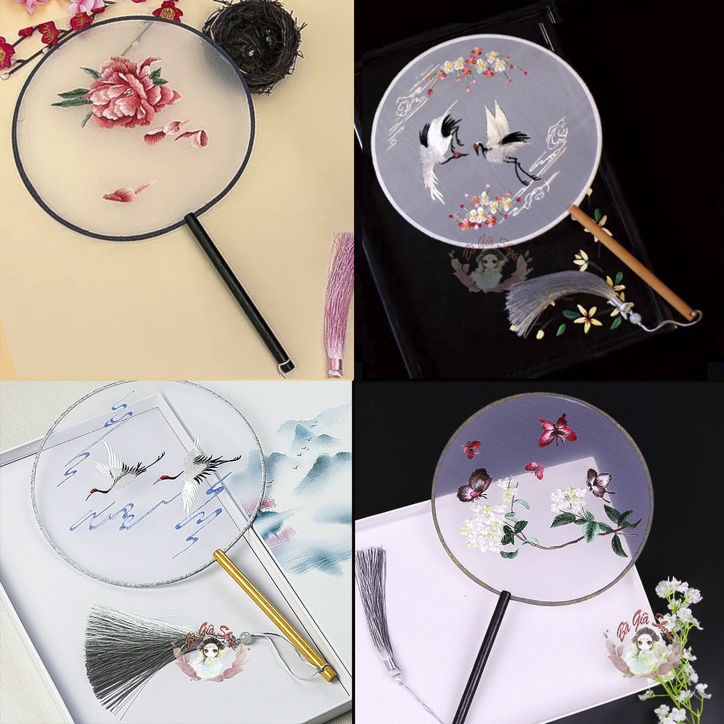 Quạt tròn thêu quạt thêu cổ trang (nhiều mẫu)