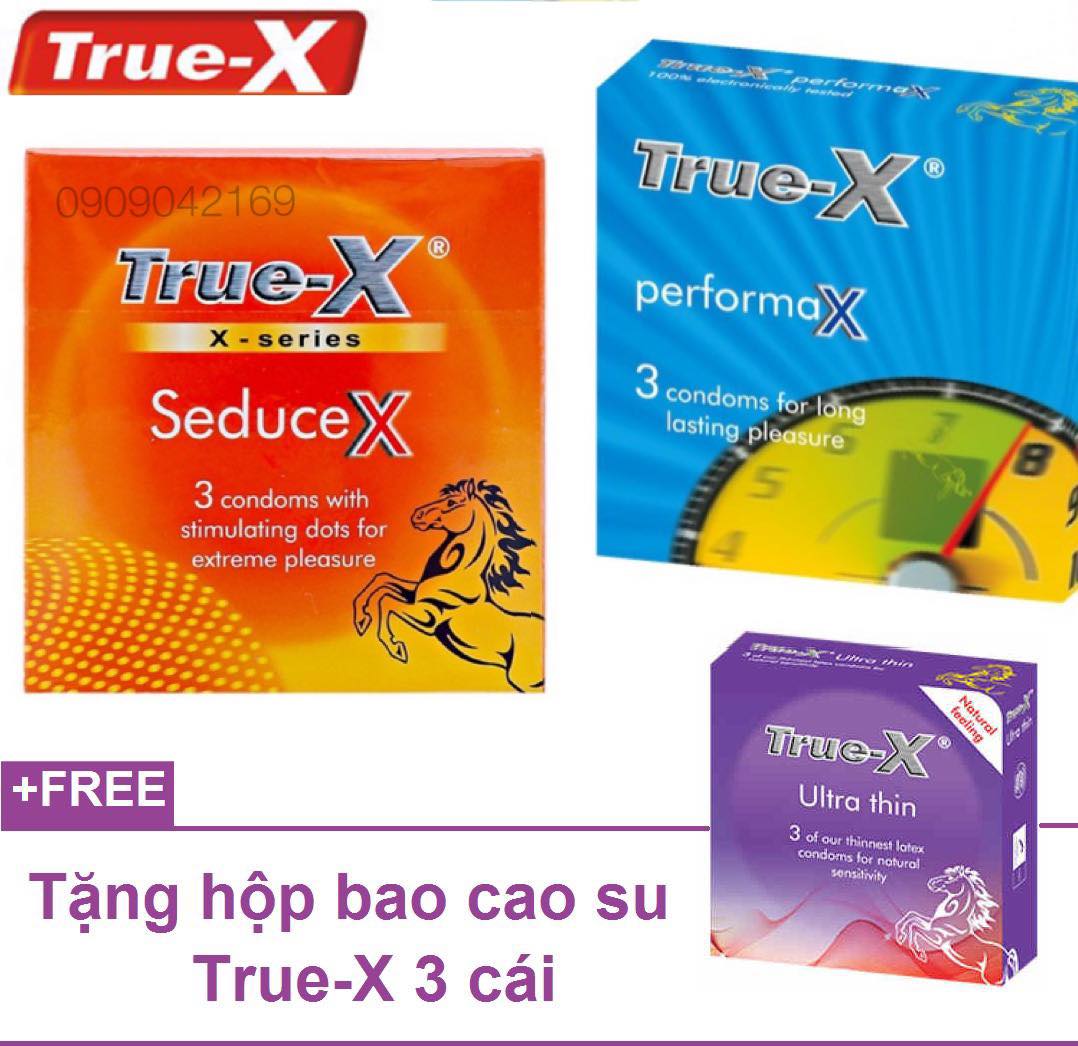 Bộ 2 Bao Cao Su kéo dài thời gian True-X PerformaX --  True-X Seducex Gân Gai + tặng Ultra Thin Siêu Mỏng