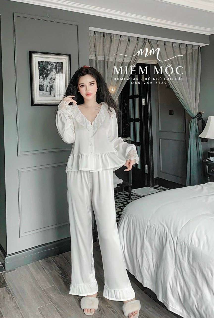 Đồ bộ nữ pijama tay dài quần dài viền ren tiểu thư chất lụa quảng châu cao cấp