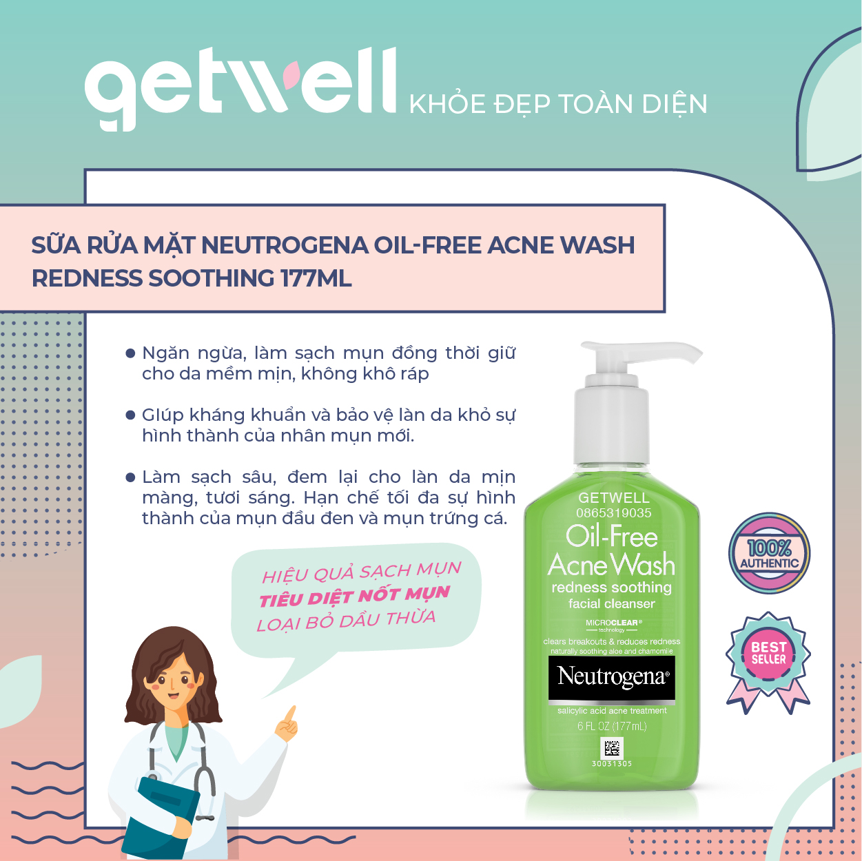 Sữa rửa mặt ngăn ngừa mụn neutrogena acne redness soothing facial gel cleanser 177ml