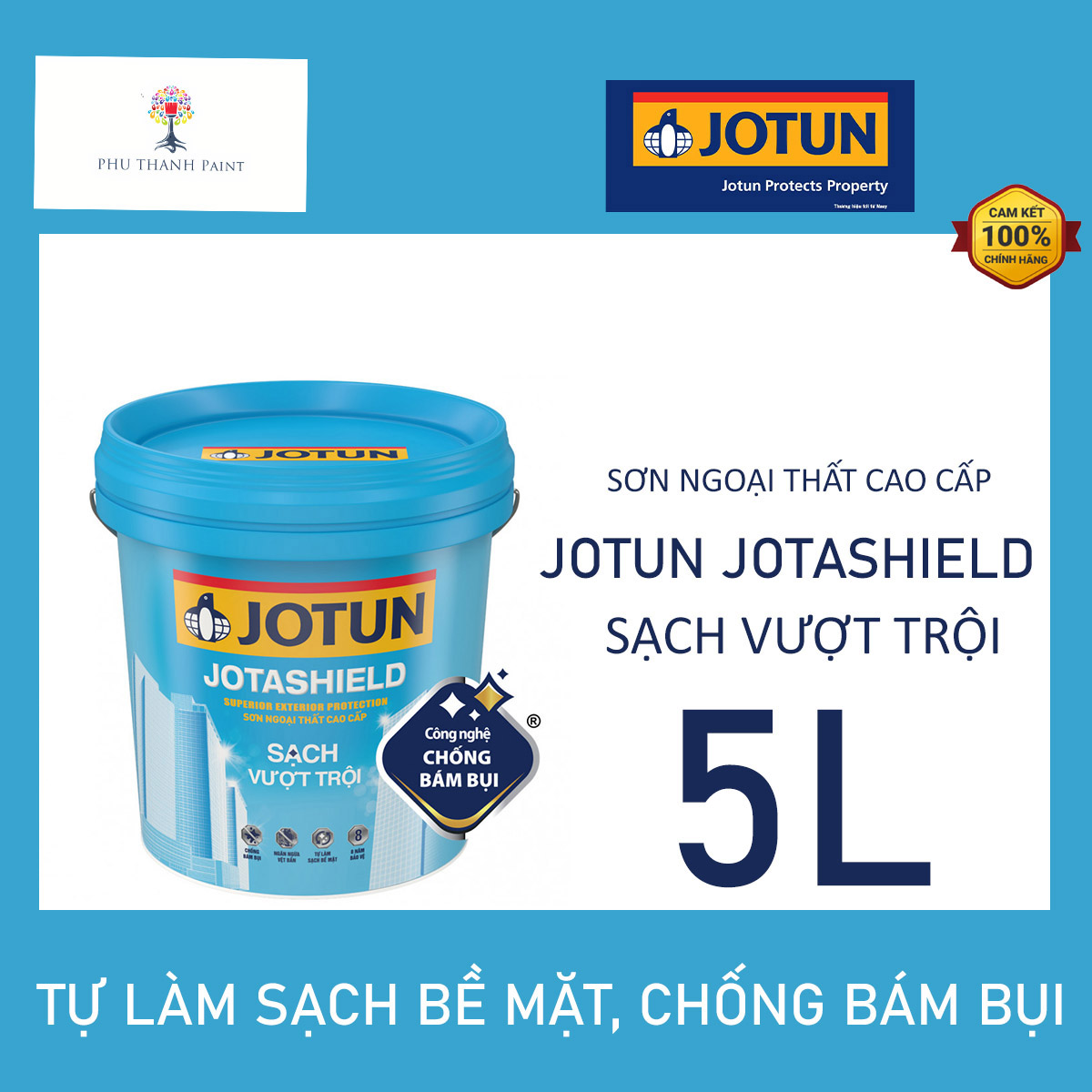 Sơn nước ngoại thất - Siêu cao cấp - JoTun Jotashield Sạch vượt trội - Bề mặt sơn bóng - Lon 5L