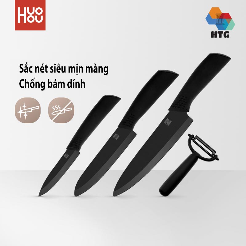 Bộ 4 dao nhiệt gốm nano chống dính cắt lát thịt cá, trái cây, hoa quả Xiaomi Huohou HU0010 hàng chính hãng