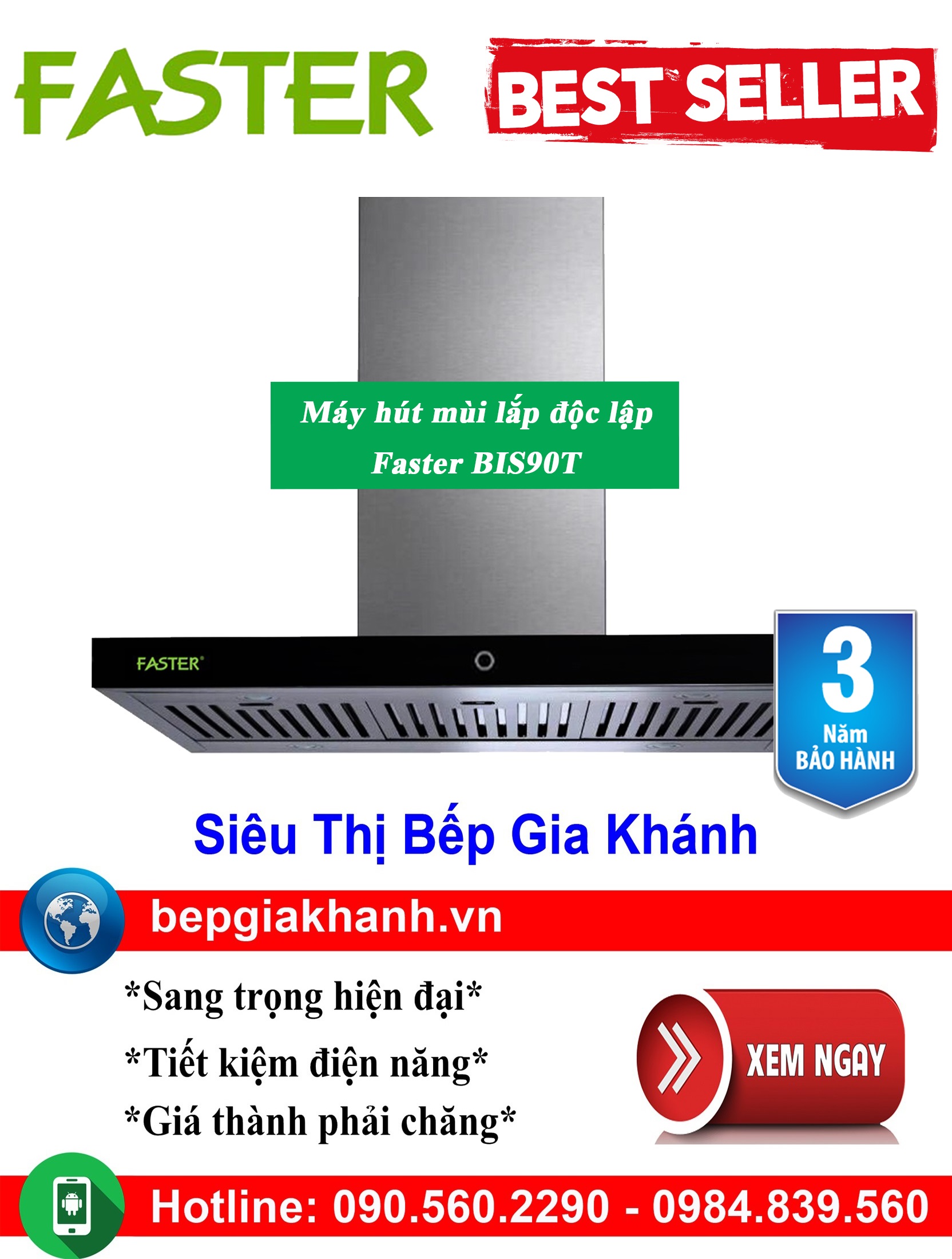 [HCM]Máy hút mùi lắp độc lập Faster BIS90T, máy hút mùi nhà bếp, máy hút mùi bếp, máy hút mùi kính c