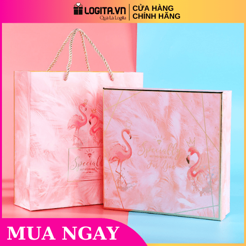 Hộp Quà Sinh Nhật Đẹp Hồng Hạc Kèm Túi Đựng Quà Cao Cấp, Sang Trọng - Kích thước 23,5x23,5x7cm