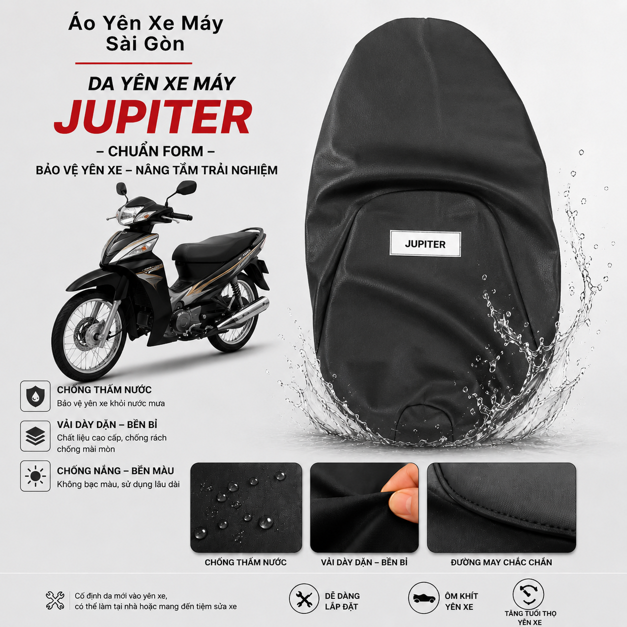 Da bọc yên xe máy JUPITER Đời đầu, JUPITER Fi, JUPITER Gravita - Vải Dày - Chống Nắng Mưa - Bền Bỉ - Bảo Vệ Da Yên