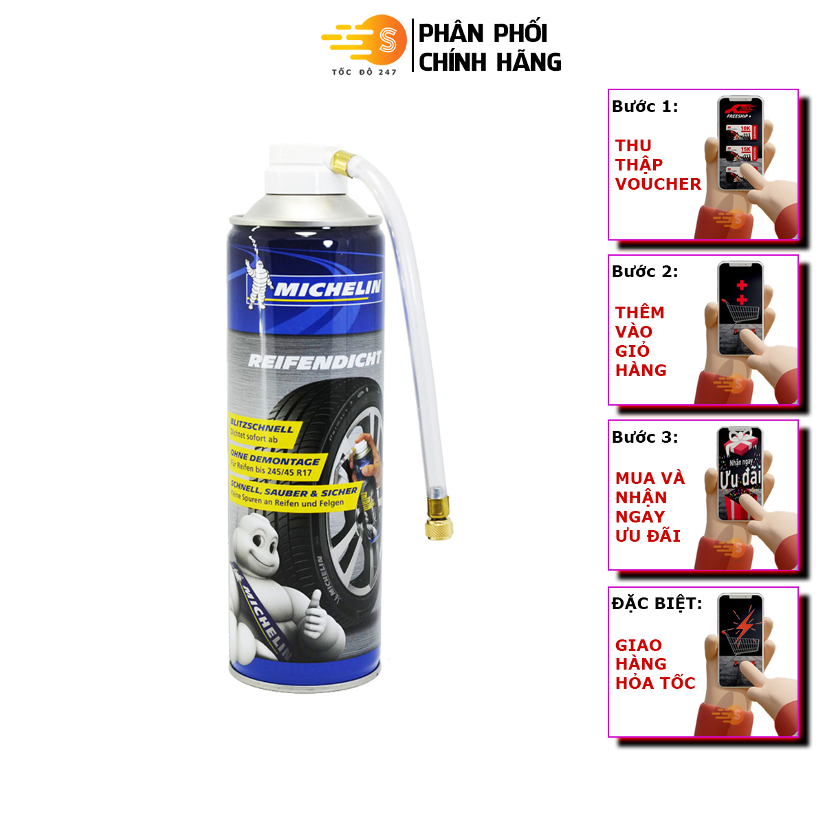 Chai vá lốp xe khẩn cấp Michelin 92423 / W32699 - Tốc Độ 247, chăm sóc xe, bảo vệ xe, an toàn, sửa lốp, vá bánh xe, vá xe, ruột xe