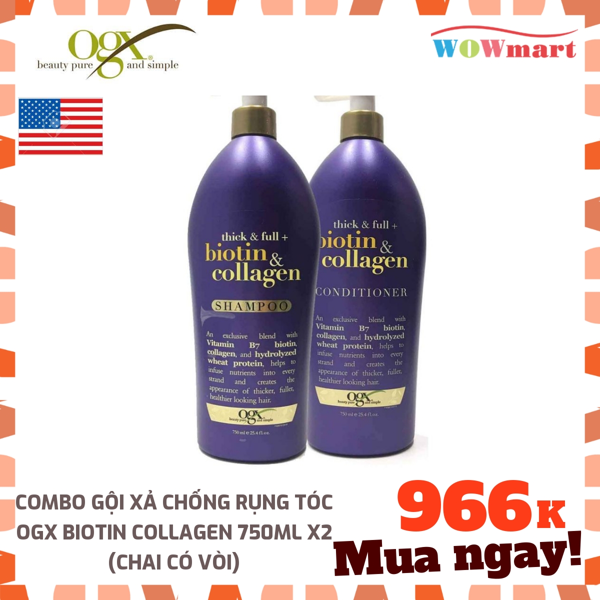 Combo gội xả chống rụng tóc ogx biotin collagen 750ml x2 - mỹ
