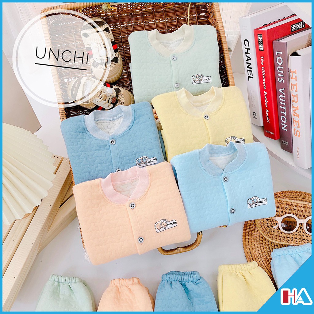 [Siêu Sale] Bộ xốp dài tay trần bông cổ tàu Unchi loại 1 cúc giữa siêu ấm cho bé từ 4-14kg