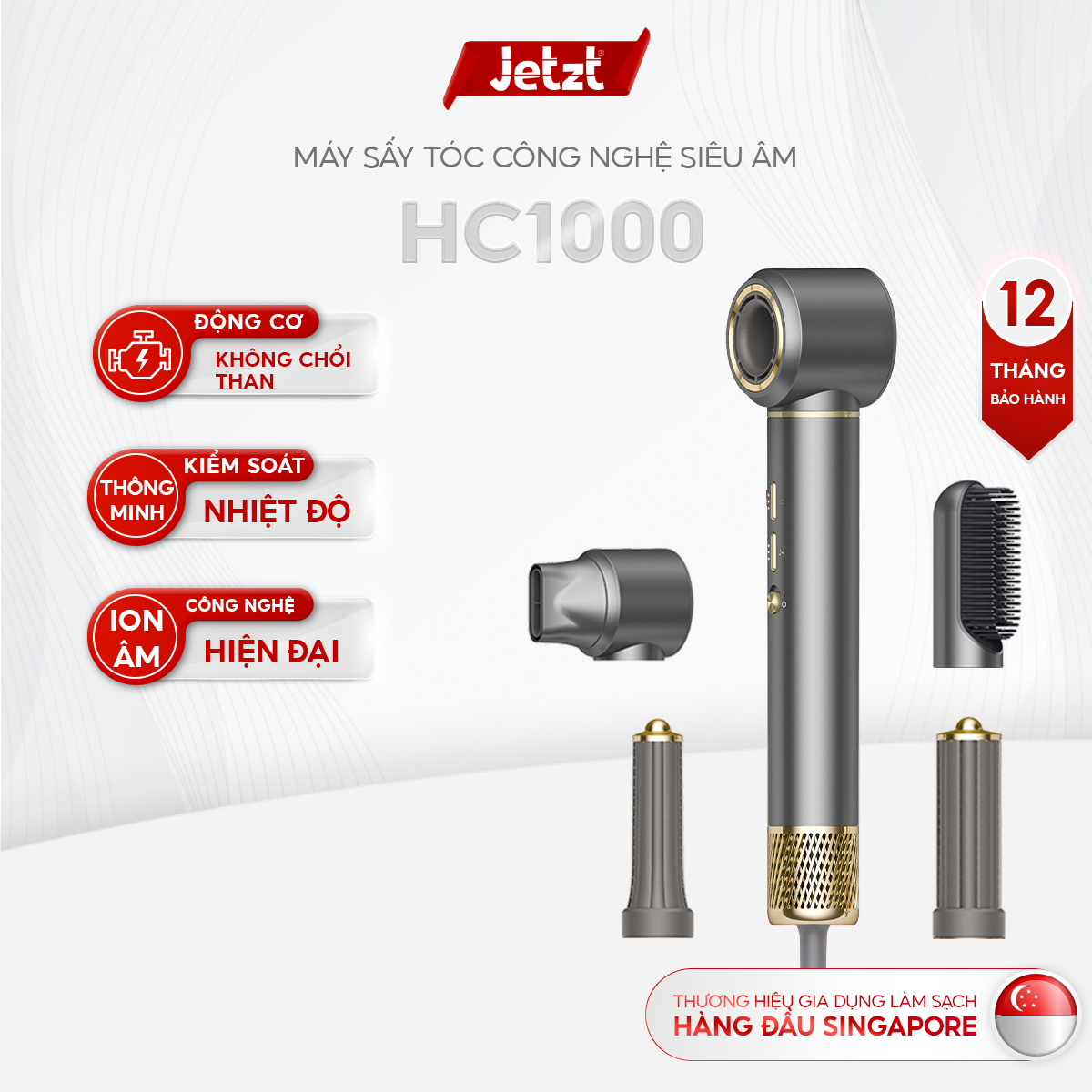 Máy sấy tóc ion âm Jetzt HC1000 - Công nghệ chống bức xạ hiện đại, an toàn tuyệt đối cho trẻ em và phụ nữ có thai