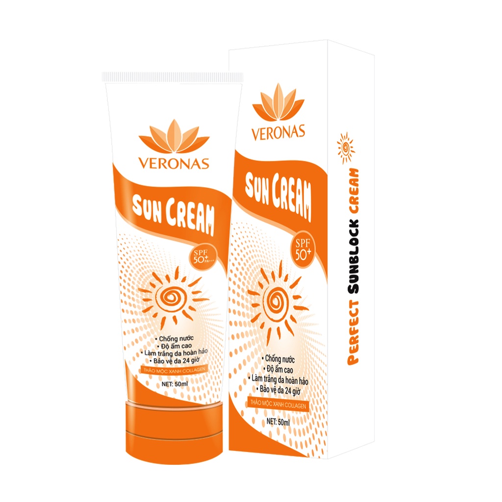 Kem chống nắng Veronas SPF50+ chống nước làm trắng da hoàn hảo 60nl