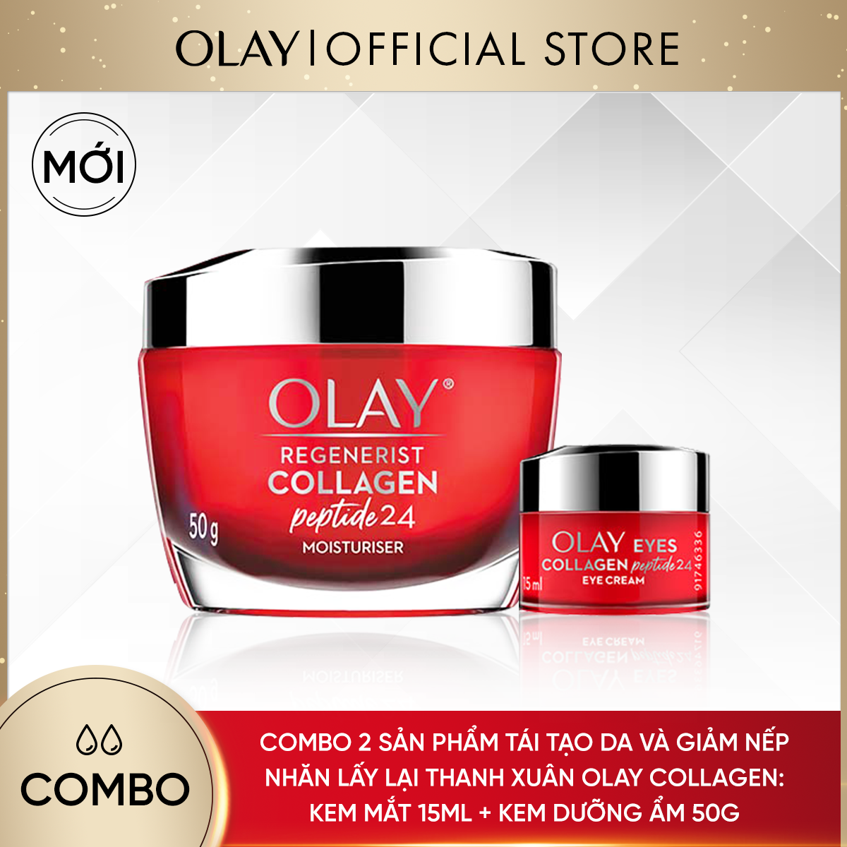 [25-30.11 DEAL SỐC ĐƠN 749K TẶNG 4 QUÀ] Combo 2 Sản Phẩm OLAY Collagen Tái Tạo Da Căng Bóng Và Trắng Mịn: Kem Dưỡng 50g + Kem Mắt 15ml [Số lượng quà có hạn]
