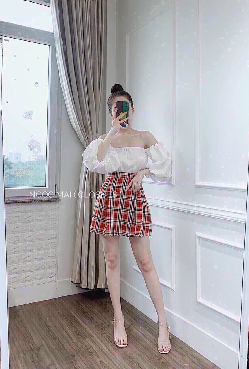 [HCM-CHUYÊN SỈ & LẺ THỜI TRANG] set váy áo trễ vai tay dài chân váy caro xòe xinh xắn dễ thương