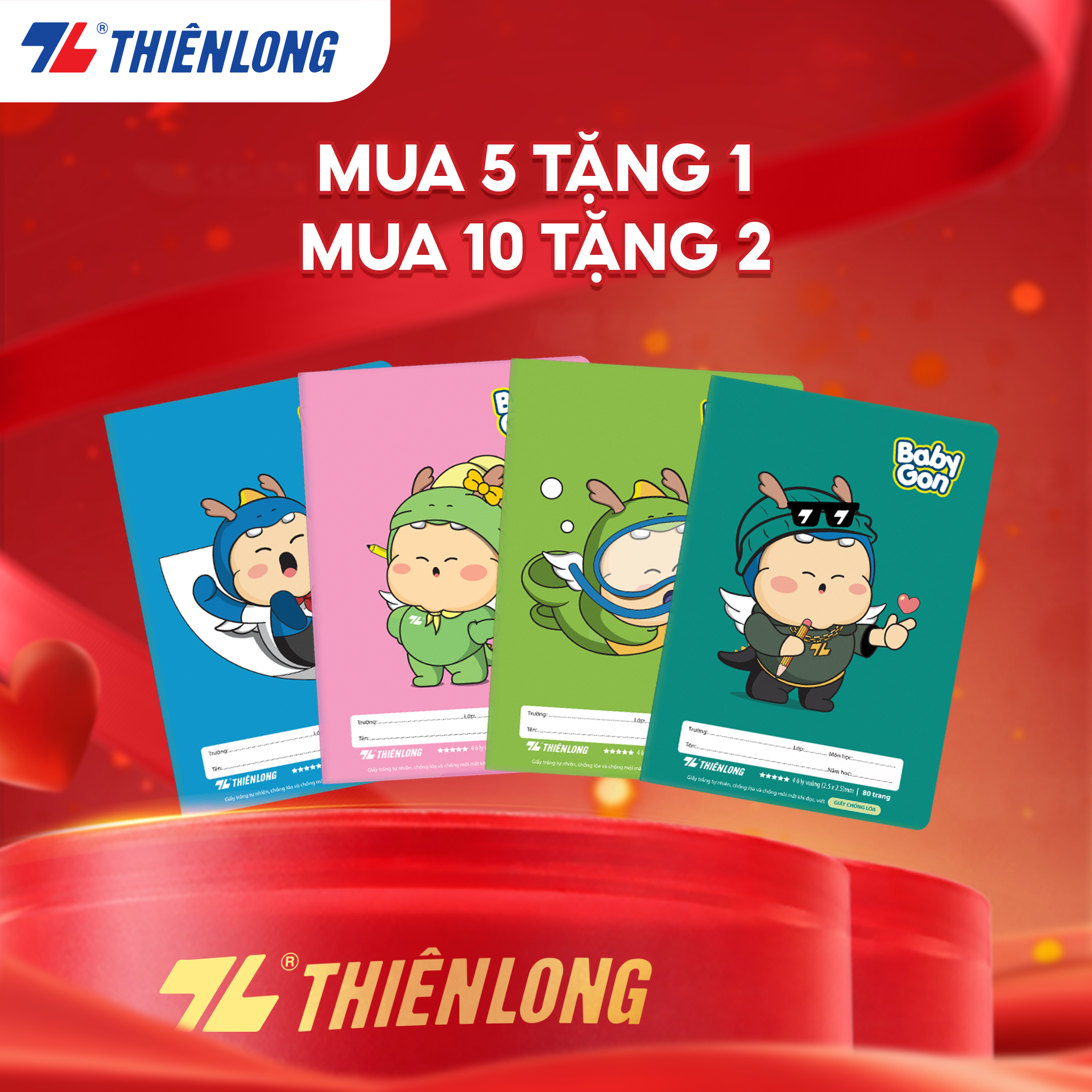 [TẶNG 02 CUỐN] Combo 10 Tập học sinh 80 trang 4 ô ly vuông 2.5mm 100gsm NB-123 Thiên Long - Mẫu ngẫu nhiên