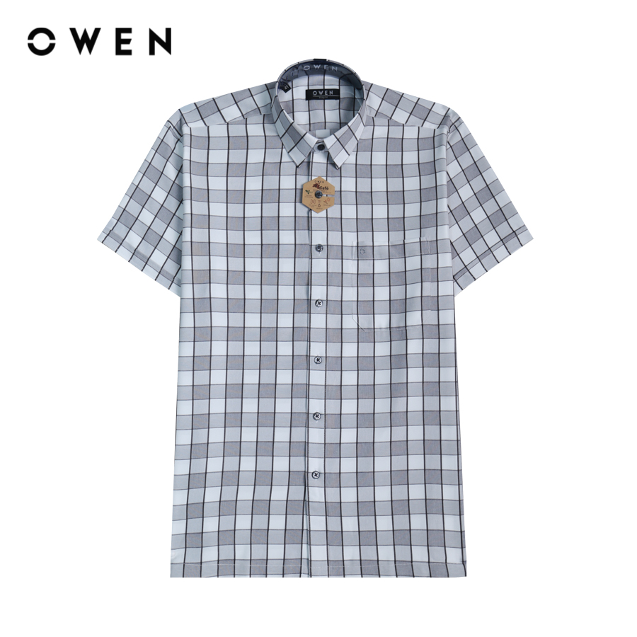  OWEN - Áo sơ mi nam ngắn tay Body Fit AB230108NT màu Ghi chất liệu Cafe T-Cool 