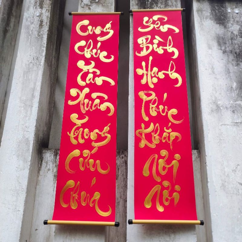 Cặp Tranh Liễn treo viết thư pháp đẹp size 1 mét câu đối đỏ trang trí Tết đẹp làm quà tặng chúc Tết Xưởng Sáo Hoàng Lâm