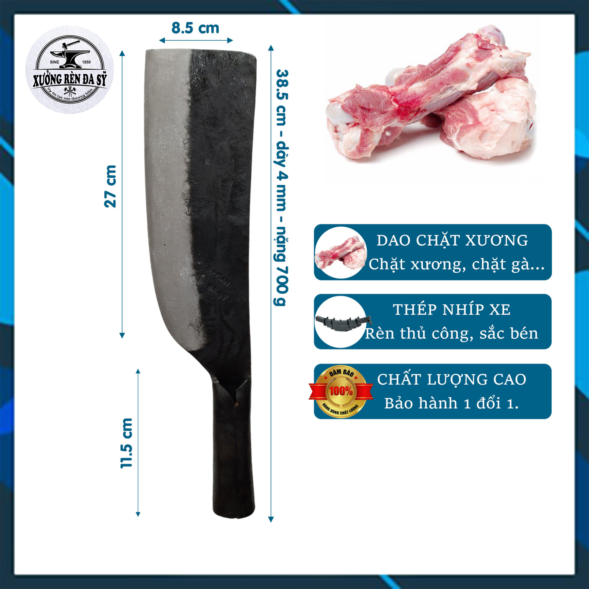 Dao Chặt Xương, Chặt Thịt, Chặt Gà Cán Sắt, Dao Đa Sỹ Rèn Từ Thép Nhíp Xe Siêu Bền,