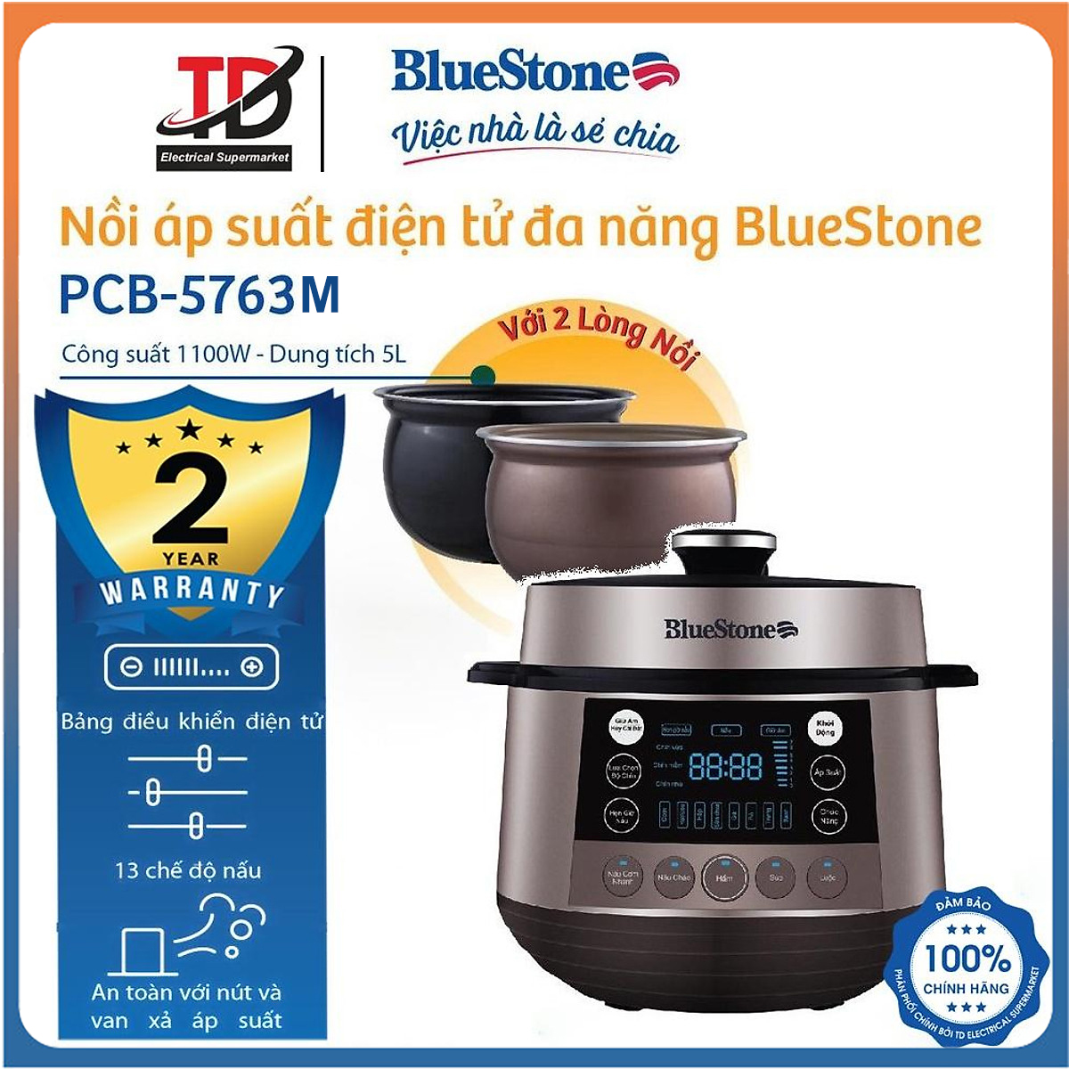 Nồi Áp Suất Điện Bluestone PCB-5763M, 1100W - 5 Lít, Bảo Hành Chính Hãng 2 Năm
