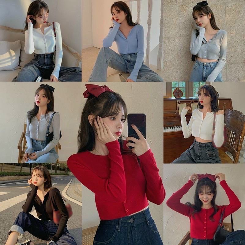 Áo kiểu nữ tay dài phối nút dễ thương m24 / áo croptop hàn quốc cài nút cute xĩu
