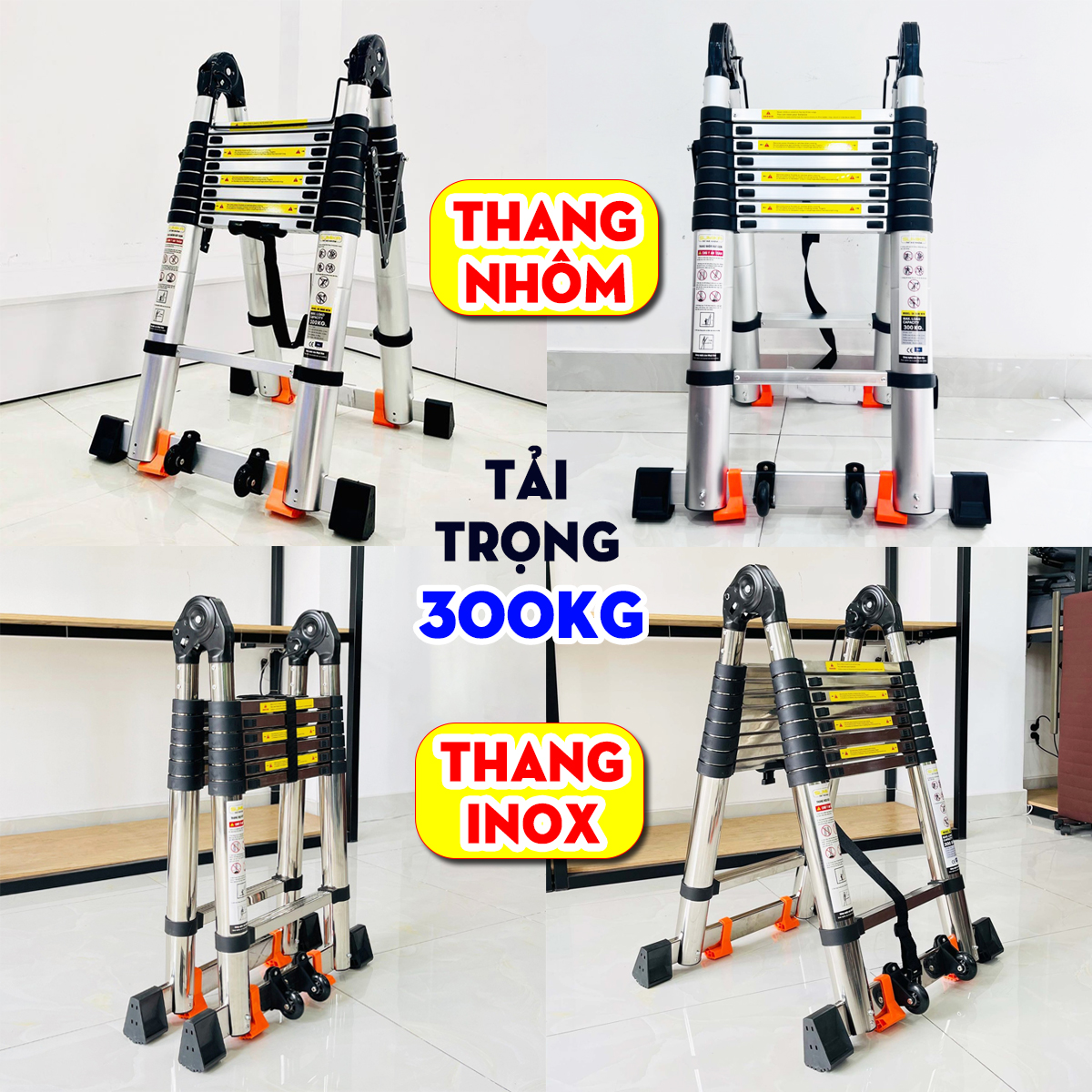 Thang INOX & NHÔM rút đôi Sumika xếp gọn cao (A-1.9m; I-3.8m), (A-2.2m; I-4.4m), (A-2.5m; I-5m), (A-2.8m; I-5.6m) tải trọng 300kg, bảo hành 2 năm, Có Bánh Xe; SK380D; TA190; SK440D; TA220; SK500D; TA250; SK560D; TA280