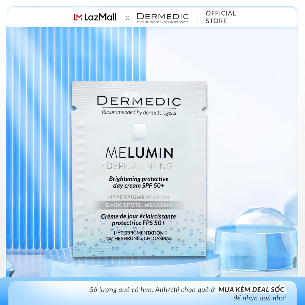 [Trial Size] Sachet Kem dưỡng da kết hợp chống nắng Dermedic Melumin brightening protective day cream SPF 50+ 1.5g (HSD)