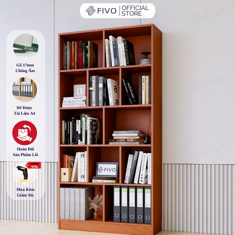 Kệ sách gỗ đứng đa tầng màu nâu fb73 fivo, gỗ chống ẩm cao cấp, diện tích rộng rãi để sách a4, các tập hồ sơ lớn