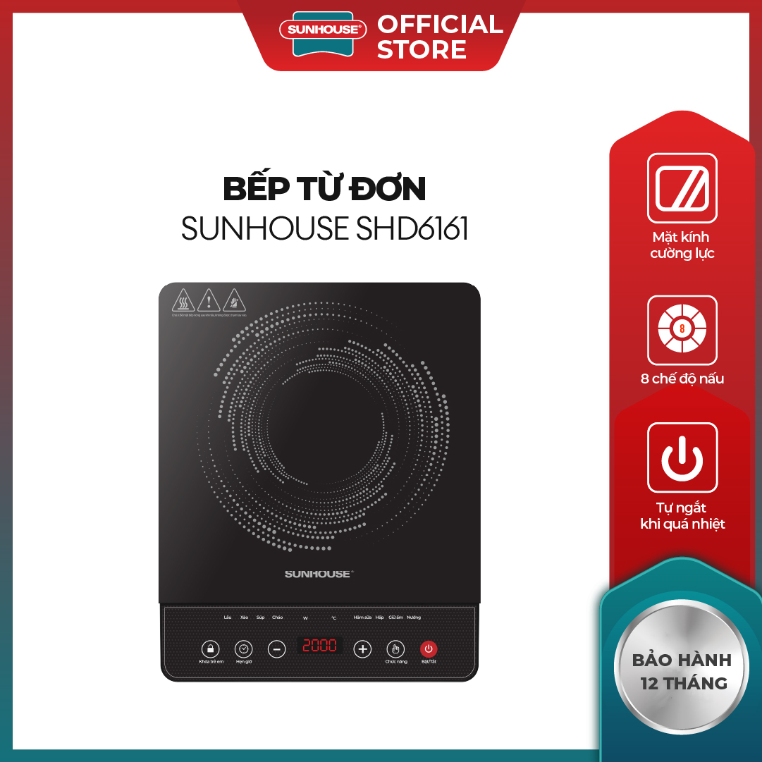 Bếp từ đơn Sunhouse SHD6161 – 8 chế độ nấu, 2000W – Đi kèm nồi lẩu inox – Bảo hành chính hãng 12 tháng
