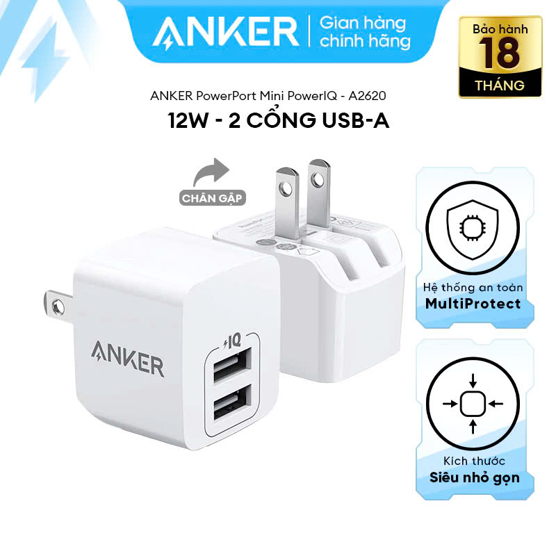Sạc anker powerport mini 2 cổng poweriq 12w - a2620 2 cổng sạc cho ra công suất 12w thiết kế chắc chắn hiệu năng ổn định