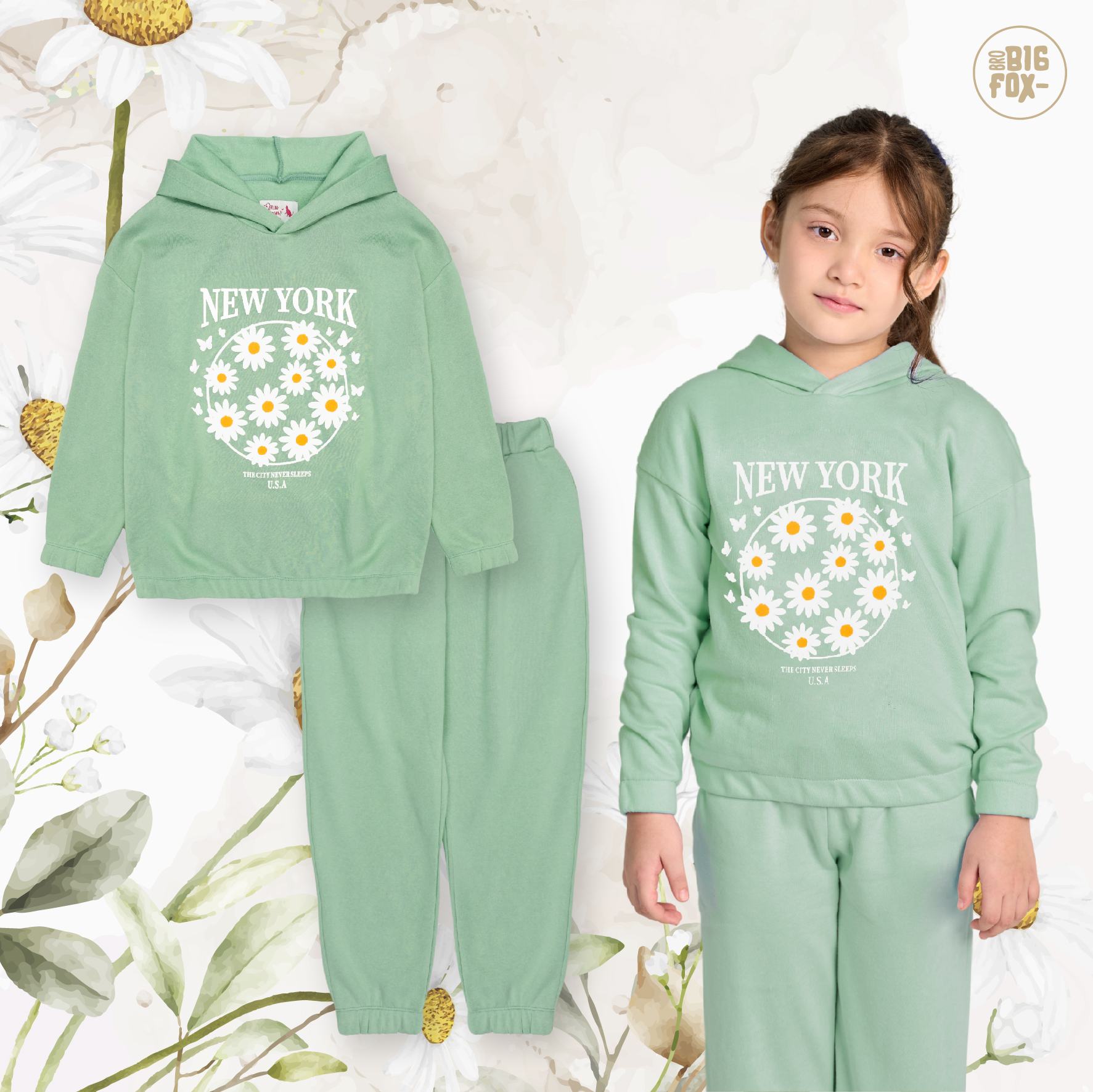 Bộ nỉ bông cho bé gái size đại Bigfox Miss Meow, bộ thu đông cho bé màu xanh in hoa cúc New York size trẻ em 12,13,14,15