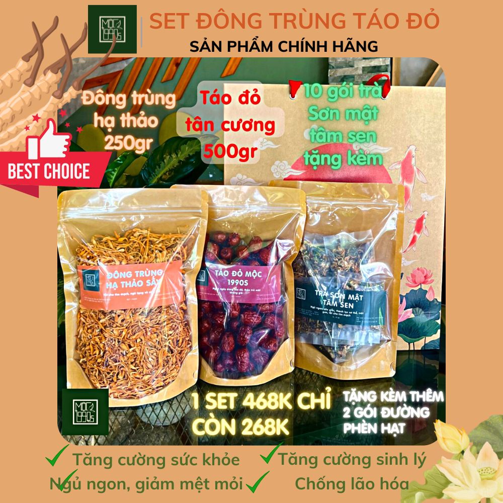 Set đông trùng hạ thảo sấy khô 250gr - táo đỏ 500gr tặng kèm 10 gói sơn mật tâm sen - mộc 1990s