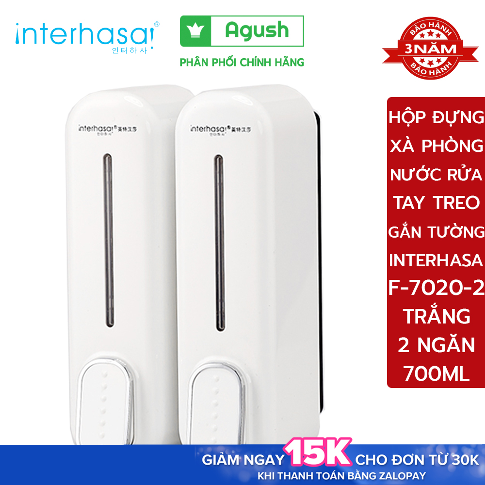 Hộp đựng nhấn xà phòng nhỏ nước rửa tay INTERHASA F-7020-2 trắng lọ 700ml 2 ngăn treo dán gắn tường nhựa ABS cao cấp chứa dung dịch xà bông rửa chén bát chống thấm khô đồ phụ kiện lắp dính không khoan tường tiện lợi nhà tắm