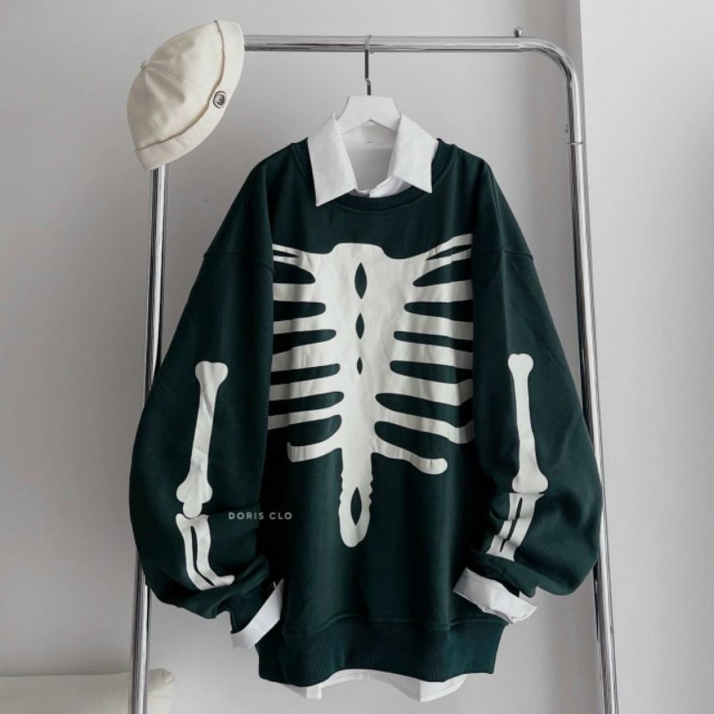 Áo sweater BỘ XƯƠNG dài tay chi tiết cá tính năng động phong cách đường phố, SET áo sweater kèm với áo sơ mi from rộng unisex