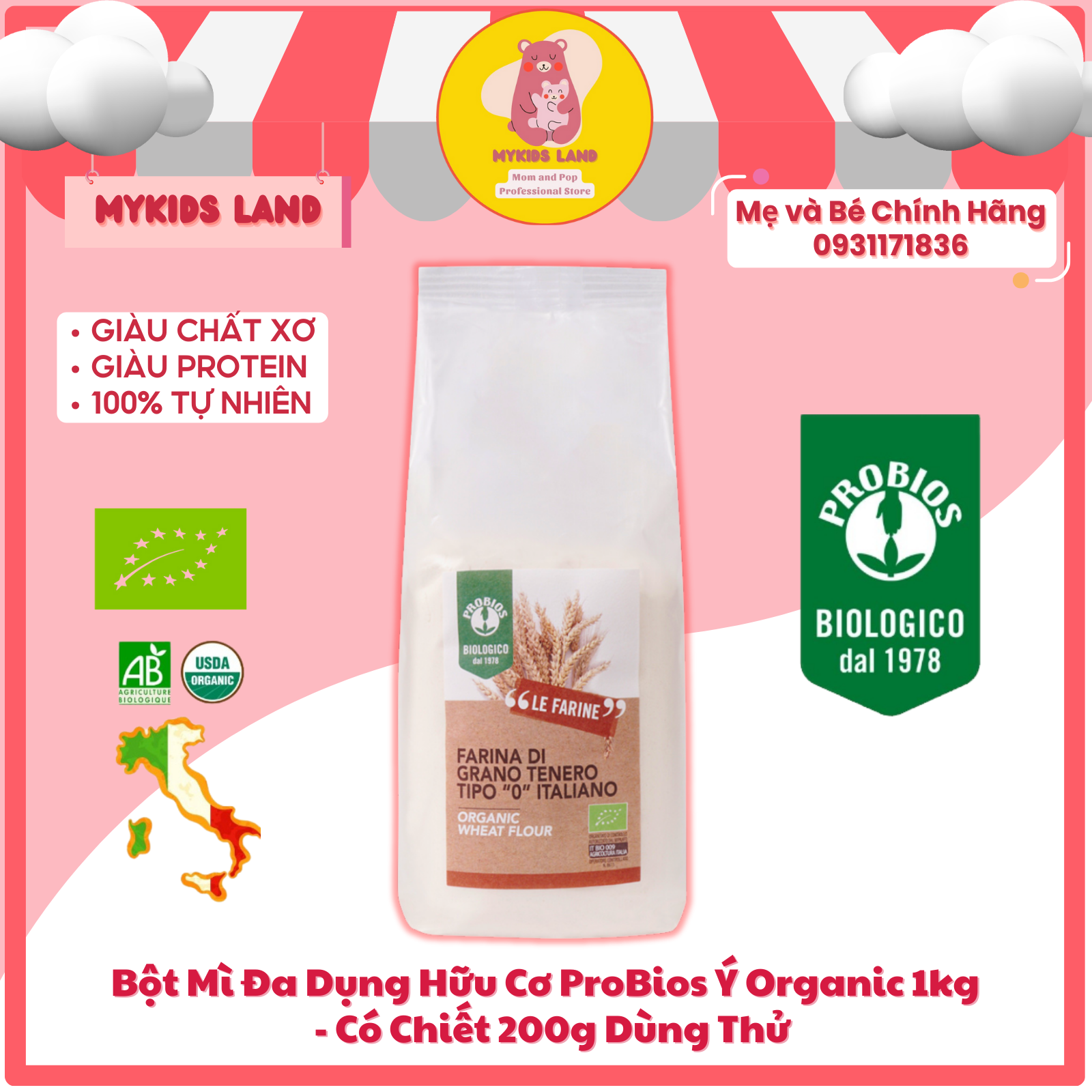 Bột mì đa dụng hữu cơ probios ý organic 1kg - có chiết 200g dùng thử
