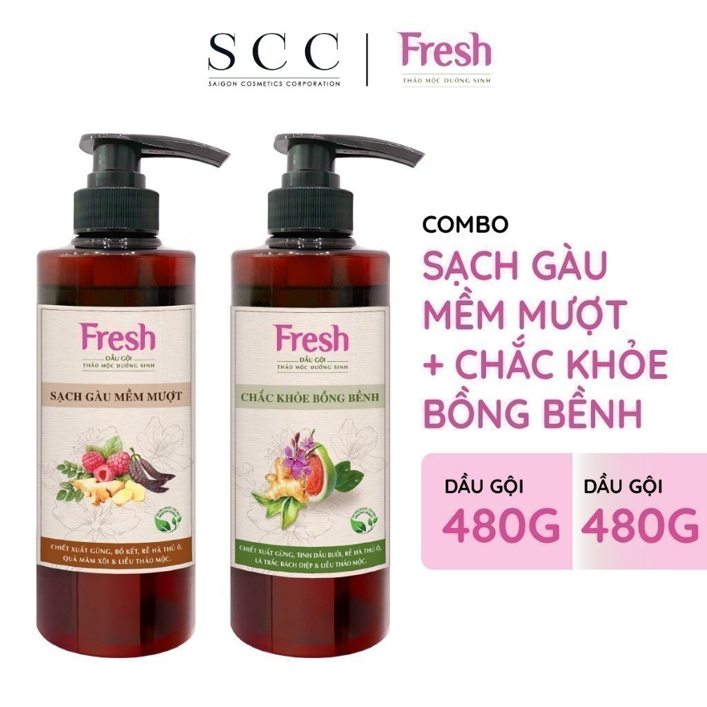 Combo 2 Dầu gội Fresh Thảo mộc dưỡng sinh Sạch gàu mềm mượt + Chắc khỏe bồng bềnh 480g/chai + 3 chai Dầu xả Fresh Thảo mộc dưỡng sinh 180g